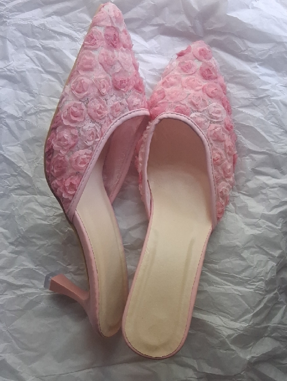 Pink Floral Mesh Pointed Toe Mules With Low Kitten Heel, NWB. - Picture 12 of 13